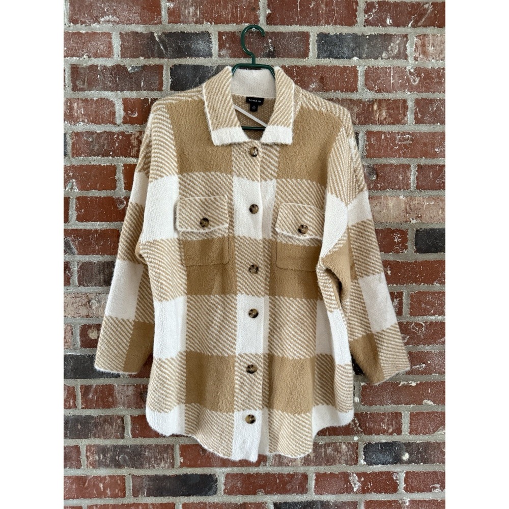 Torrid Jacket Womens 0 Neutral Plaid Shacket Beige Tan Soft Button Front